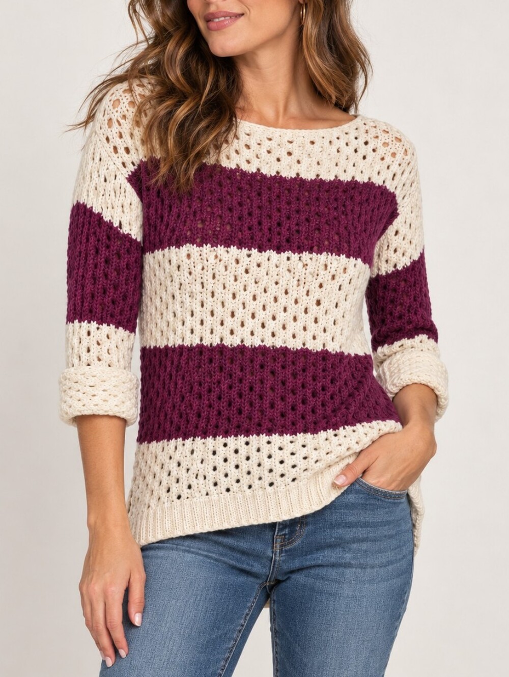 JJ Basics Cream & Burgundy Open Knit Striped Sweater